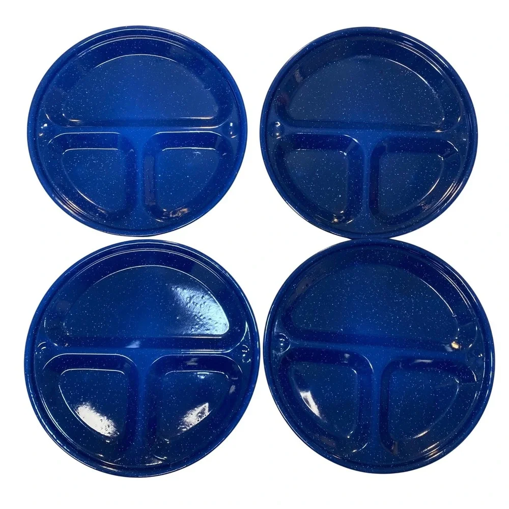 Vintage Blue Speckled Enamelware Divided Camping Plates Set‎ of 4 11.5